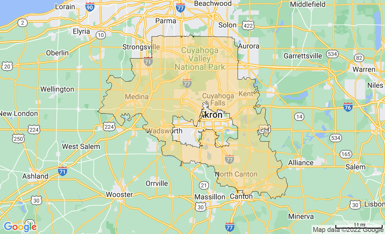 Map of the Akron Kent FirstLight Home Care territory