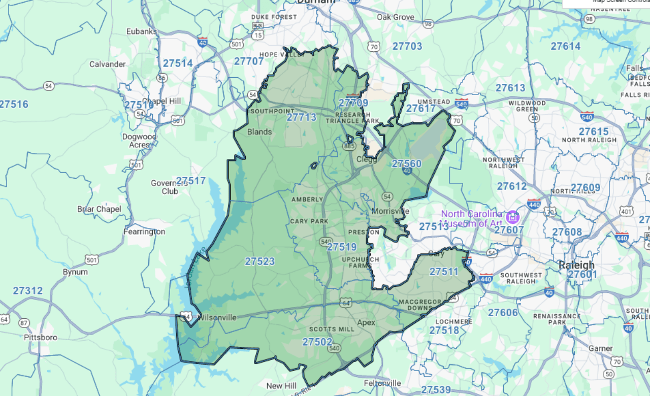 Apex NC and surrounding area map.