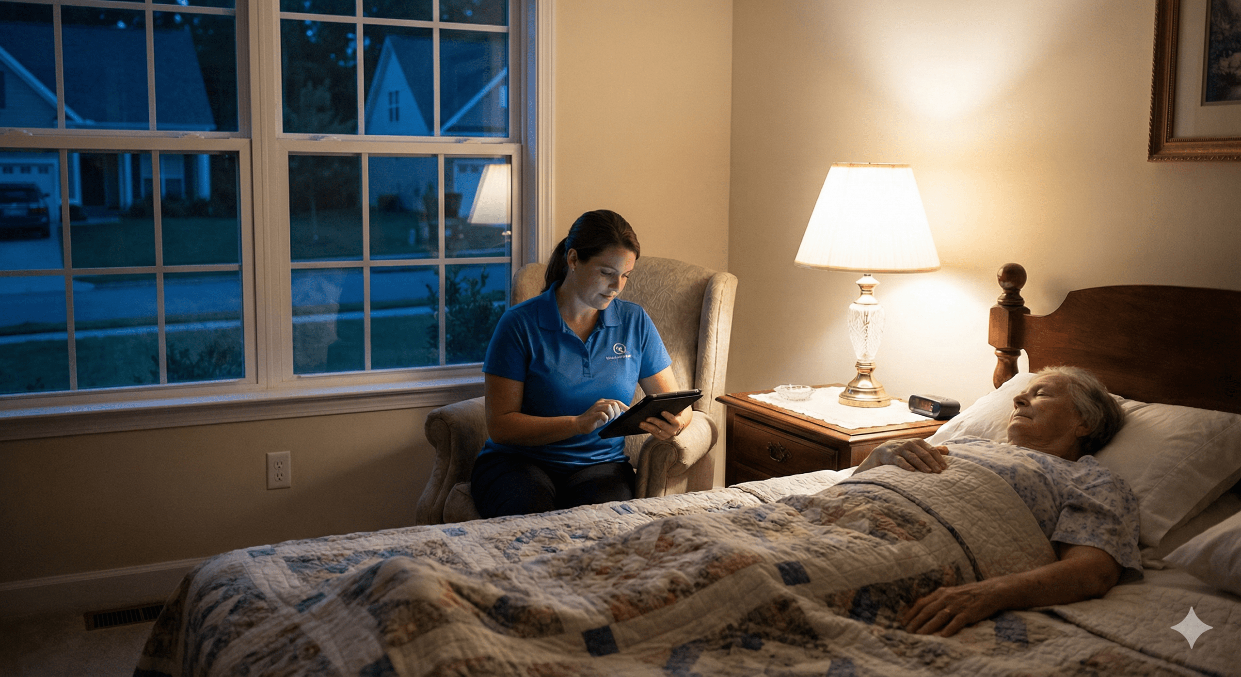A caregiver monitors a sleeping senior at night using a tablet, illustrating 24-hour home care in Wake County.