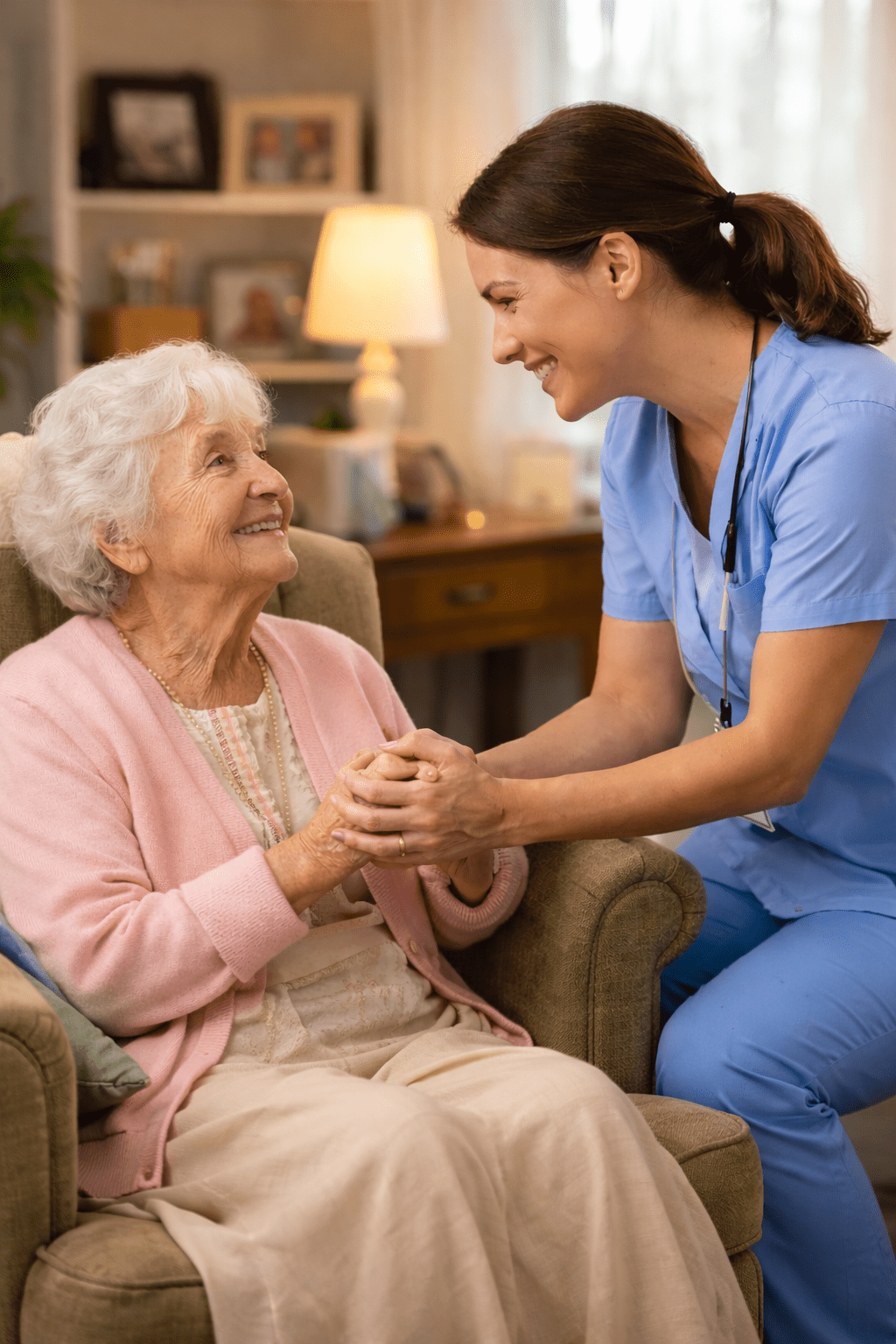 Caregiver holding hands with elderly woman