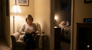 A smiling caregiver in blue scrubs takes the blood pressure of an elderly woman on a couch in a warmly lit living room.