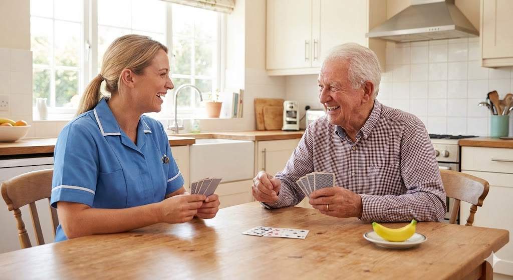 A photorealistic image of a smiling female caregiver in a blue uniform and an elderly man laughing while playing a card game at a sunlit wooden kitchen table.