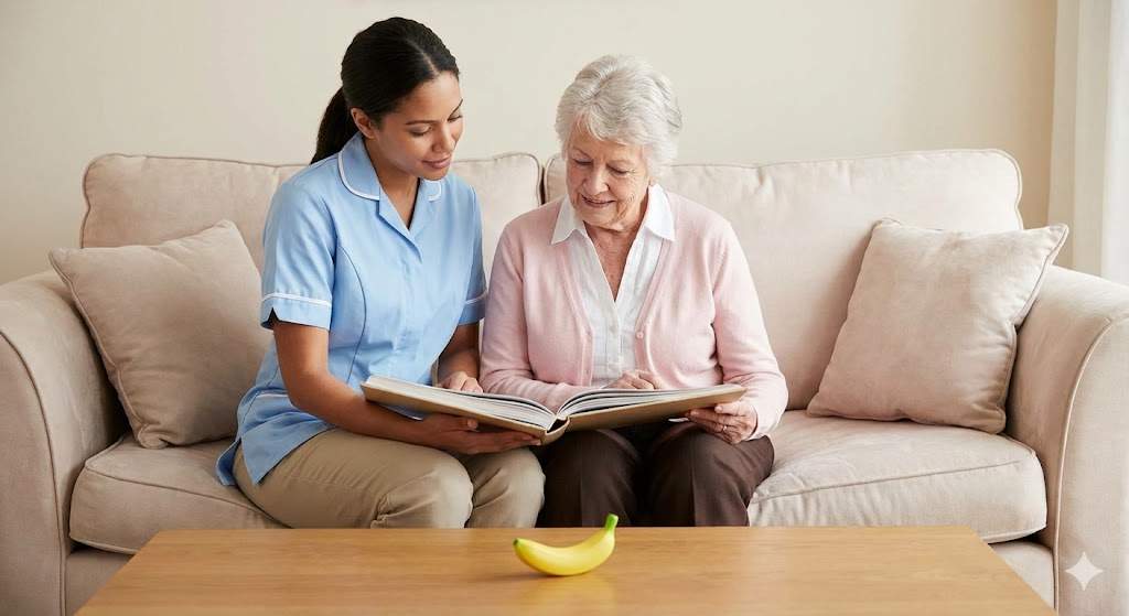 A peaceful scene of a female caregiver and an elderly woman sitting on a light-colored sofa, looking through a large photo album together in a warm, nostalgic setting.