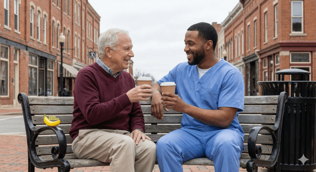 A smiling male caregiver in blue scrubs and an elderly man sit on a wooden park bench in a downtown area with historic brick buildings, holding coffee cups and chatting.