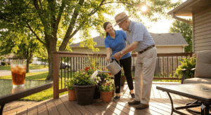 A smiling FirstLight caregiver helps a senior man in a straw hat water potted plants on a sunlit suburban deck, illustrating afternoon activities in 24-hour home care.