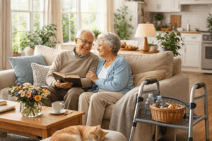 Elderly couple relaxing together at home, reading on a sofa in a bright living room with mobility support nearby