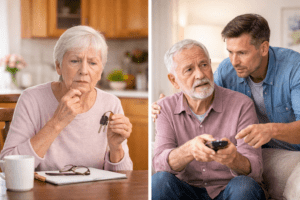 Older woman holding keys and appearing confused at a kitchen table while an elderly man receives help from his adult son in a living room.