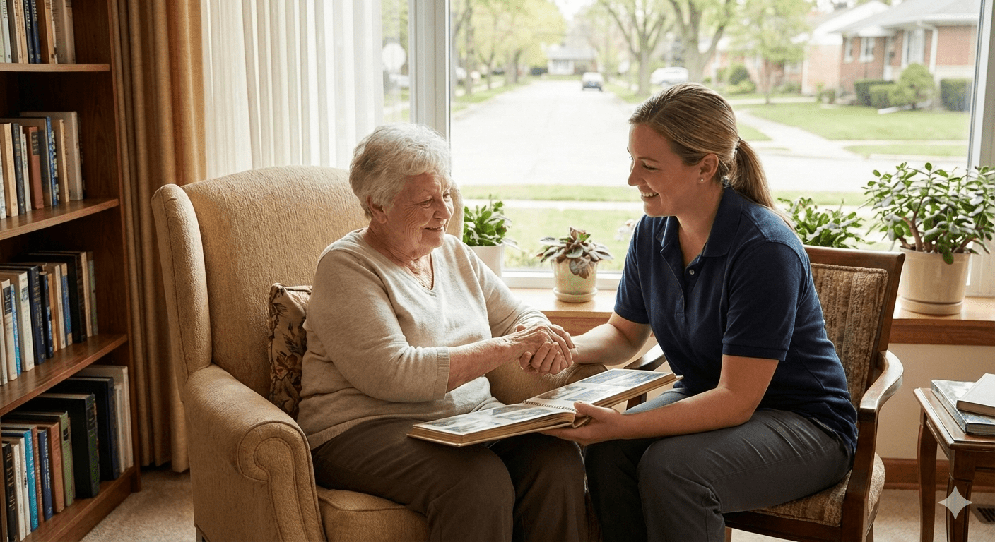 Smiling senior woman looking at a photo album with a friendly caregiver in a bright living room, illustrating companion care services in Apex, NC.