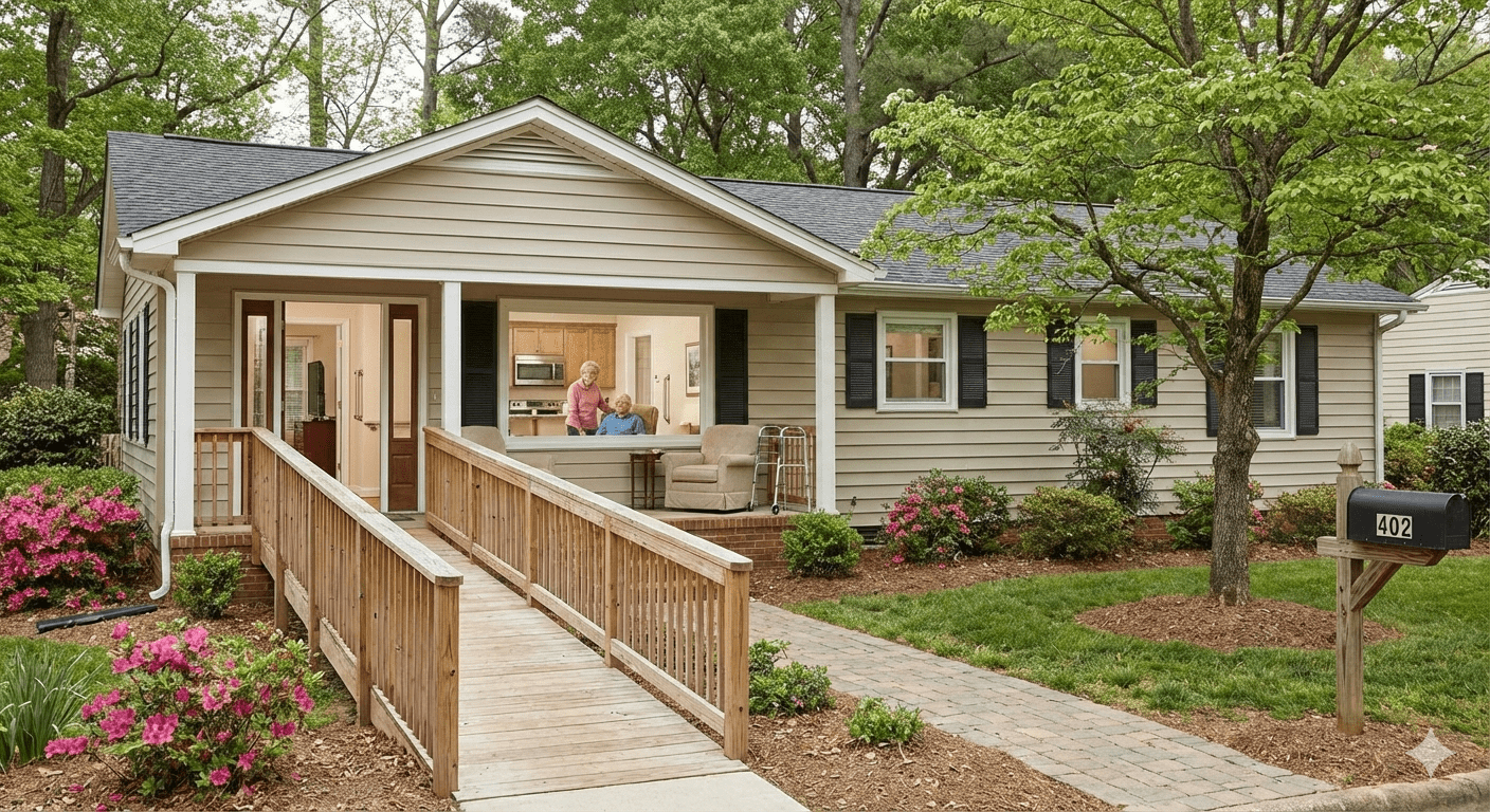 A single-story home in Apex, NC, features a wooden wheelchair ramp leading to the front porch, where an older couple is visible inside through a large window.