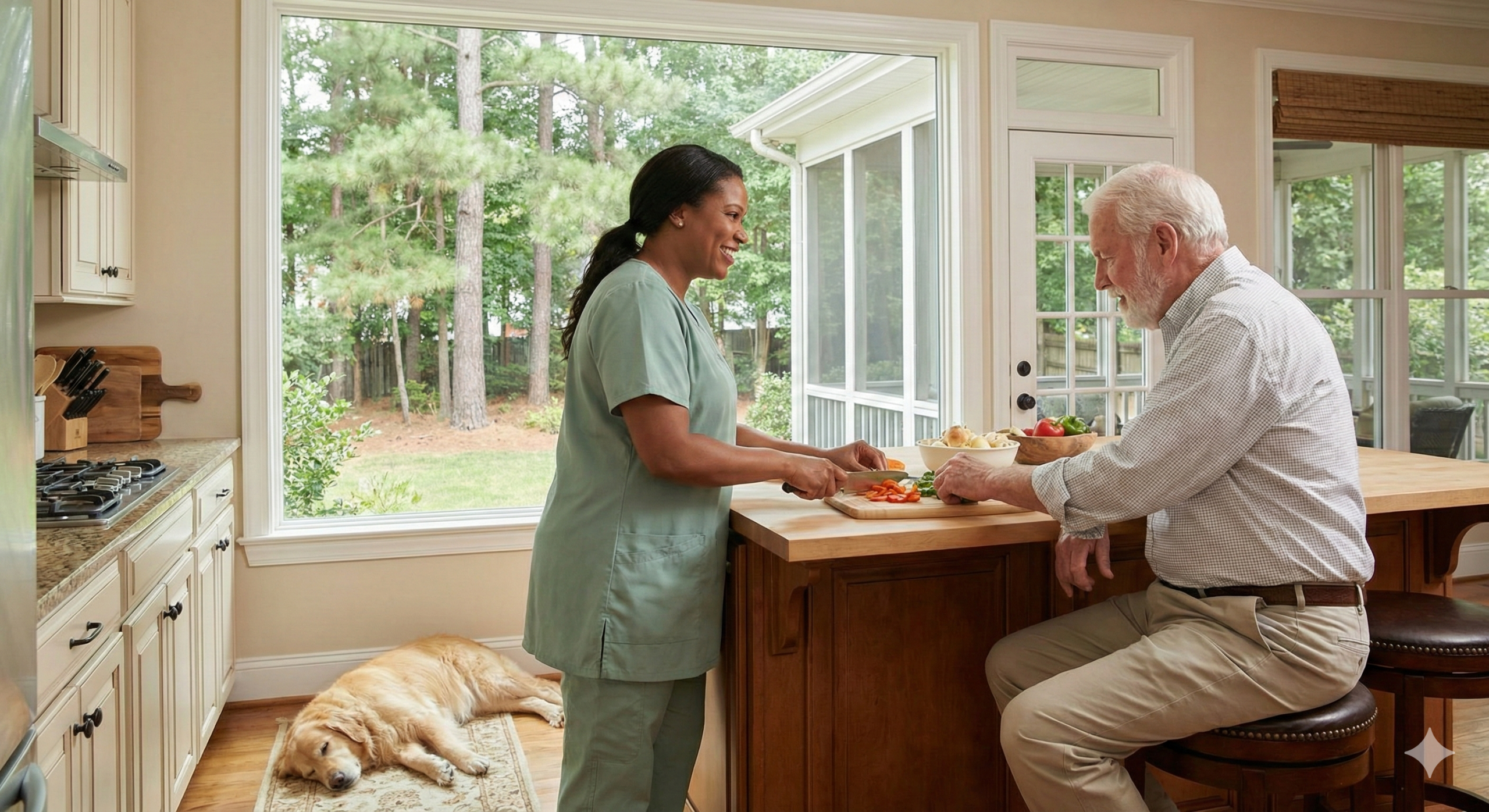 A smiling female home care aide in light green scrubs chops vegetables at a wooden kitchen island while an elderly man sits opposite her on a stool, chatting happily. A golden retriever sleeps peacefully on a rug on the floor nearby.