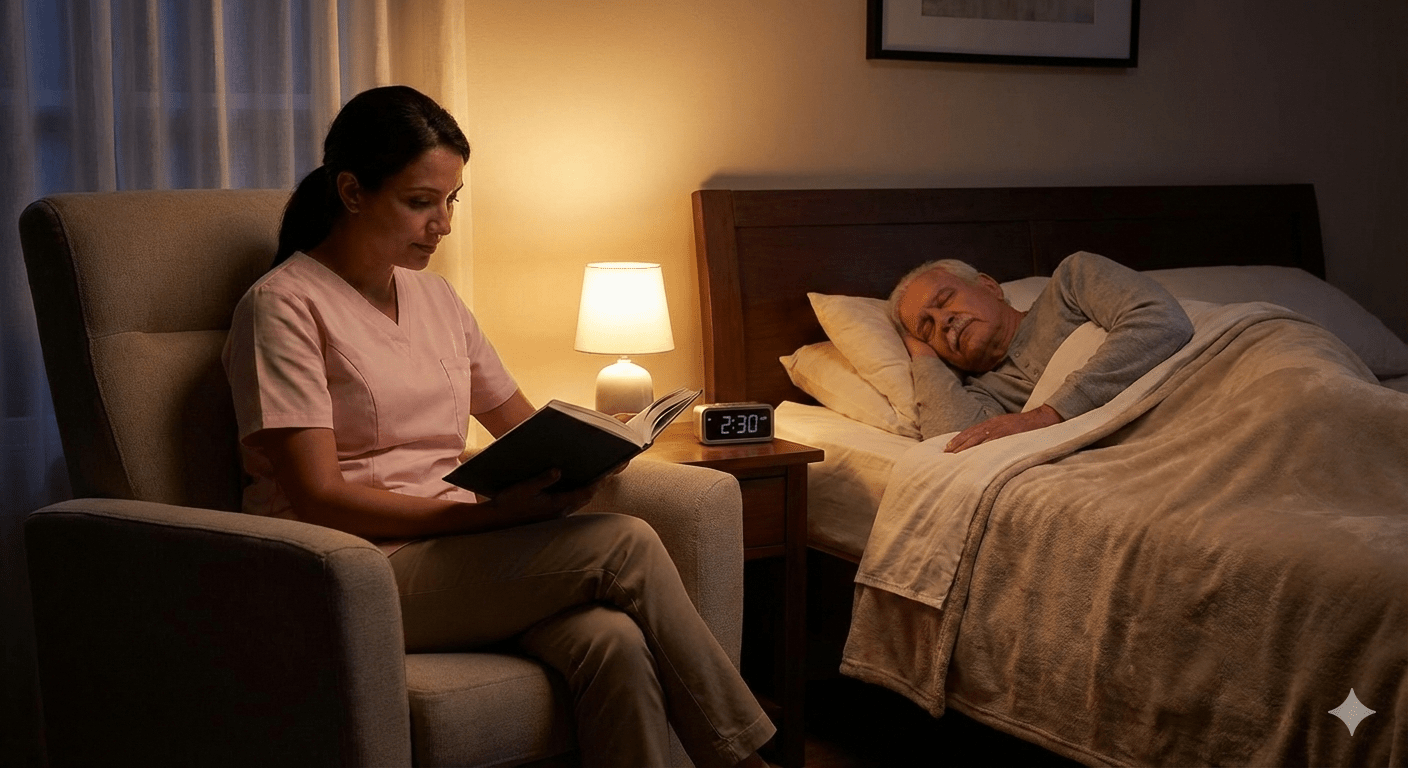 A professional female caregiver reading a book while providing overnight supervision for a senior man sleeping safely in his Apex, NC home.