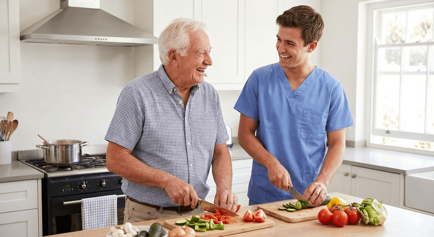 A male caregiver and an elderly man laughing while preparing fresh vegetables together in a bright kitchen, illustrating shared mealtime support.