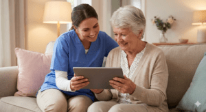 A senior woman and a caregiver using a tablet to video chat with family, demonstrating how companion care ends isolation through technology.