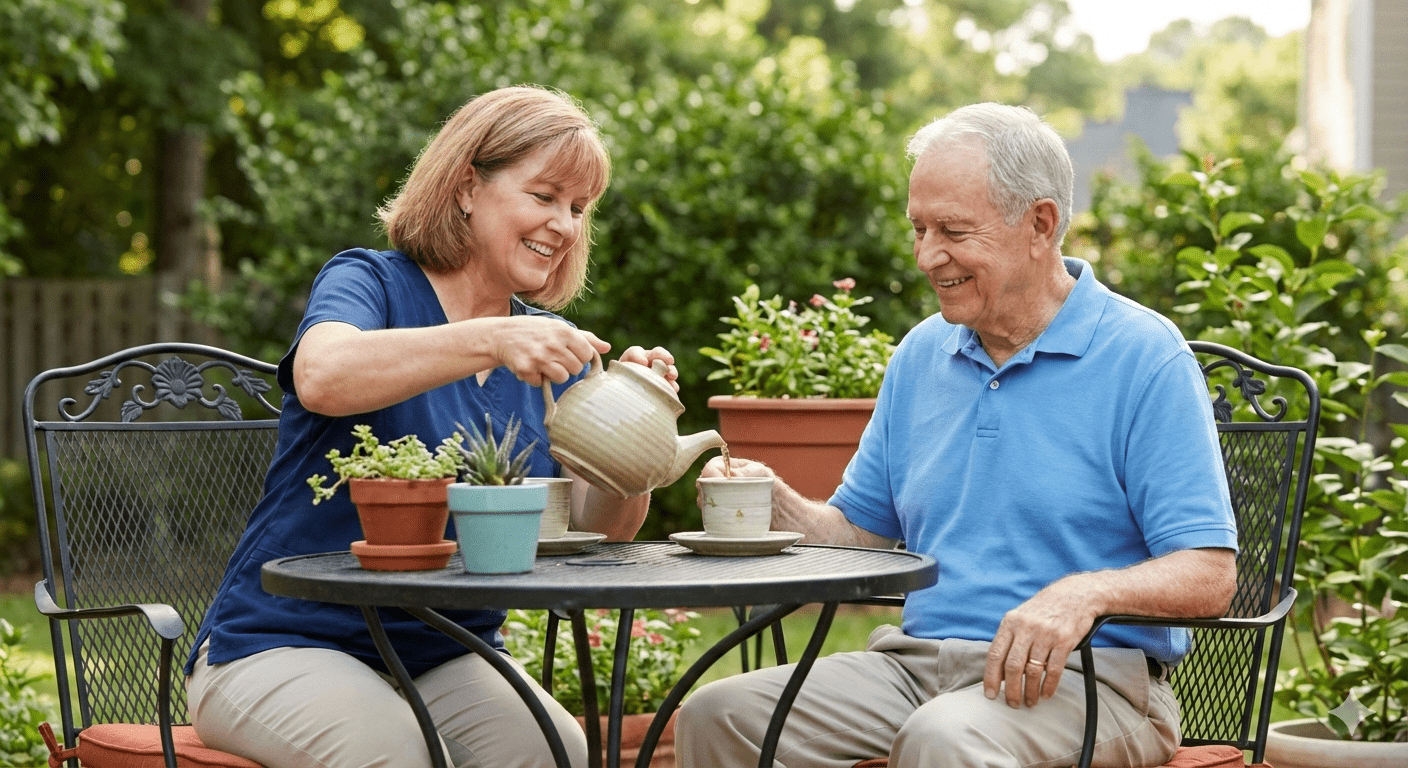 A friendly provider of elderly sitting services in Cary pouring tea for a happy senior client on a sunny patio.