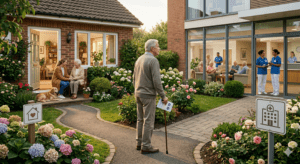A heartwarming, photorealistic image of a professional, smiling caregiver in blue scrubs showing a "Senior Home Care" guide to an older woman seated comfortably in an armchair in a sunlit Raleigh, NC home.