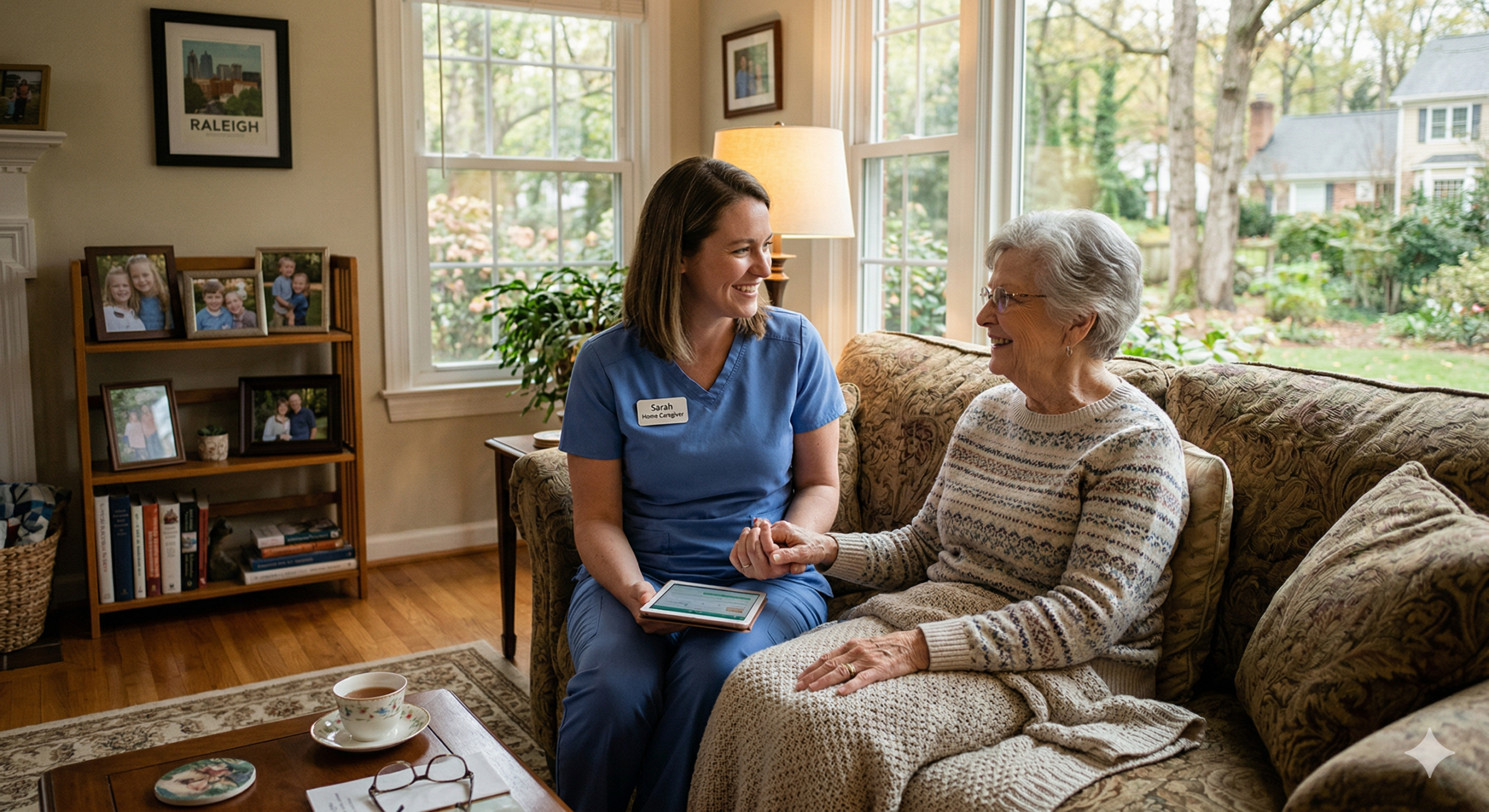 A young female caregiver in blue scrubs smiles warmly at an elderly woman with white hair. They are seated on a floral patterned sofa in a comfortable living room, holding hands. The caregiver holds a tablet. Large windows and a fireplace mantel are visible in the background, with a framed print of 'RALEIGH' on the wall.