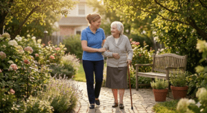 A smiling younger woman, likely a caregiver, walks arm-in-arm with a smiling elderly woman using a walking cane. They are strolling along a stone pathway through a beautifully landscaped, sun-dappled garden with flowering bushes and a wooden bench in the background.