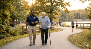 An elderly man with a cane walks confidently on a paved park trail during golden hour, supported arm-in-arm by a smiling male caregiver.