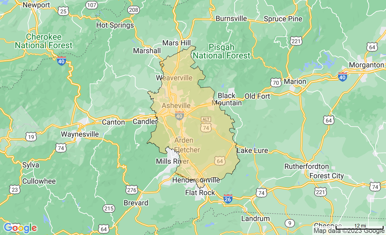 map of the Asheville FirstLight Home Care Territory