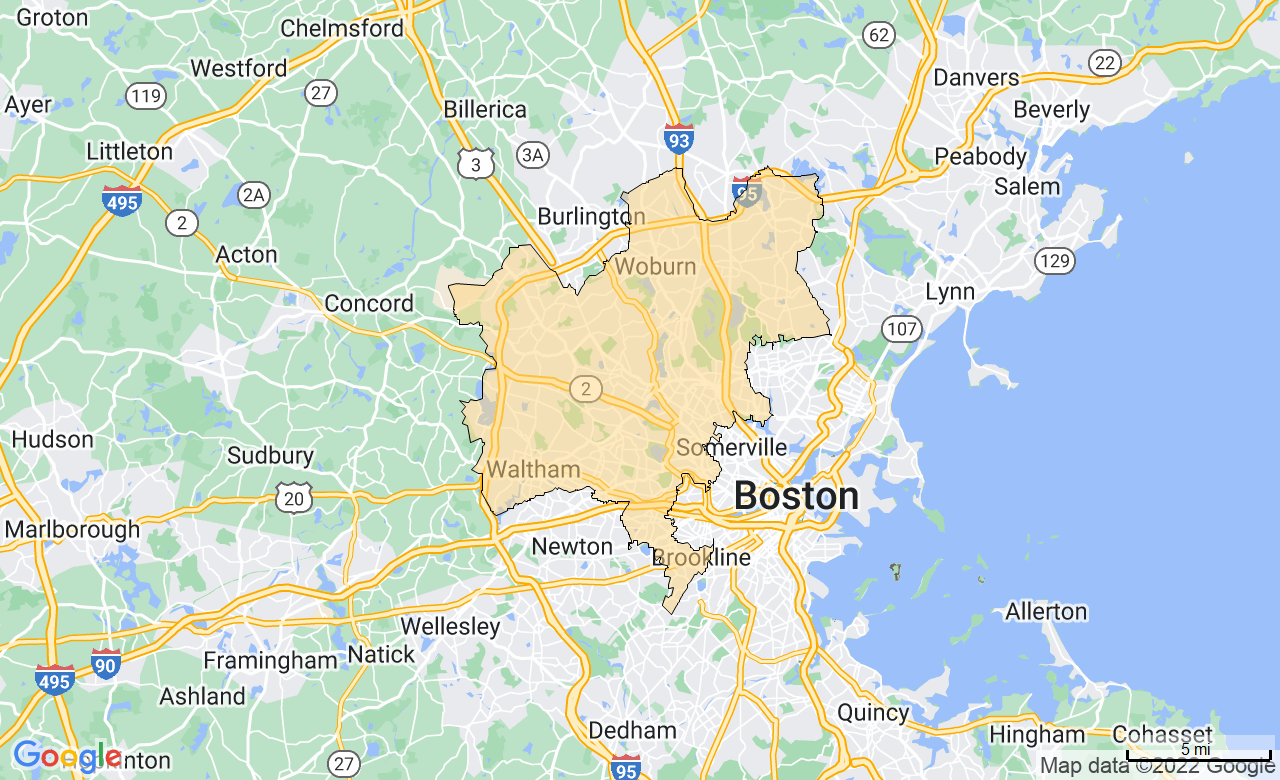 map of the Boston Northwest FirstLight Home Care Territory