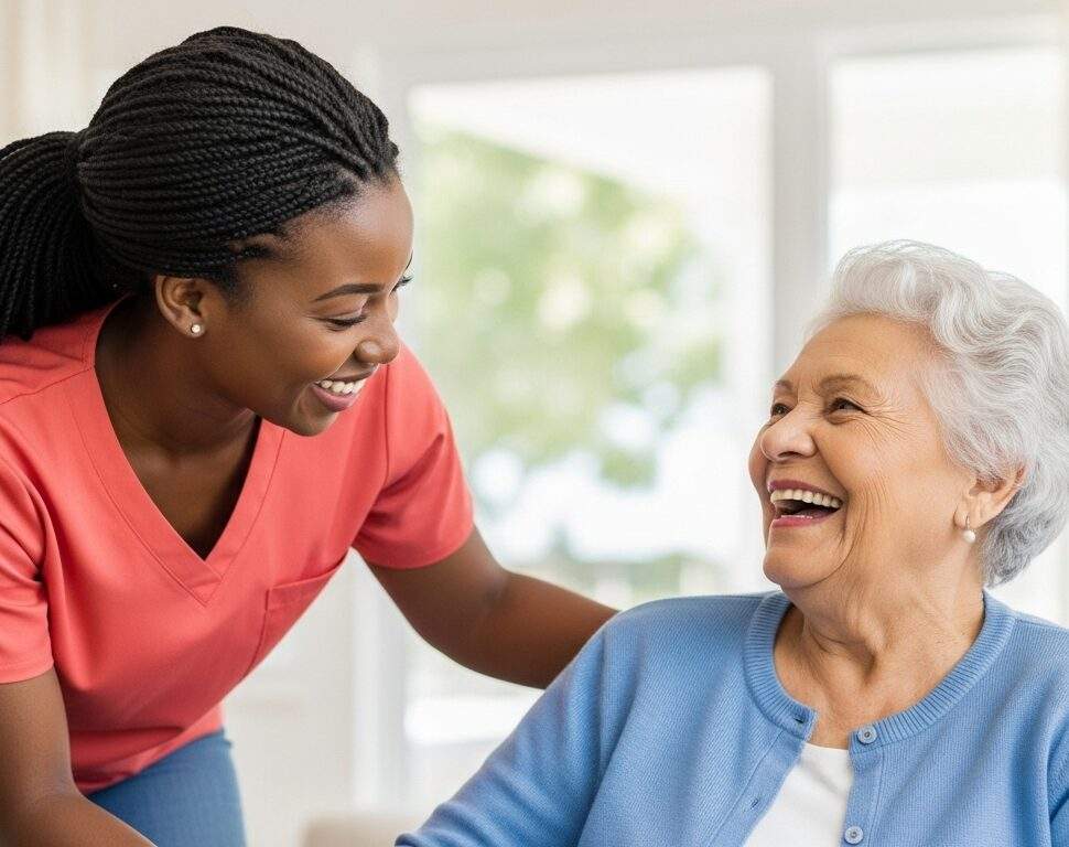 happy Arlington senior and caregiver sharing a joyful moment