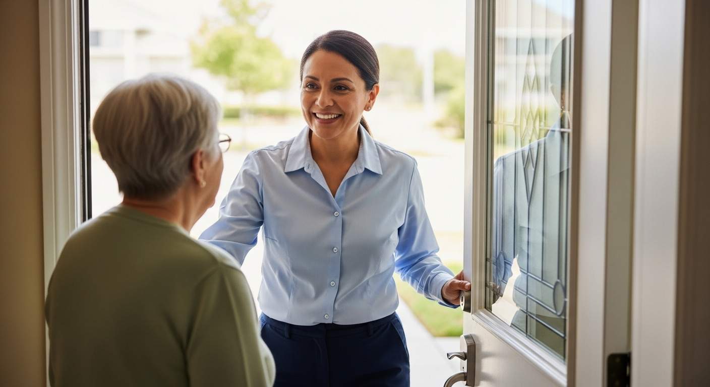 professional and friendly caregiver greeting at the door to Belmont Senior
