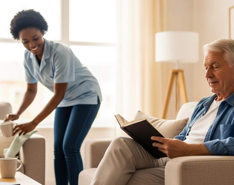 Somerville senior comfortable at home with compassionate and attentive caregiver in background