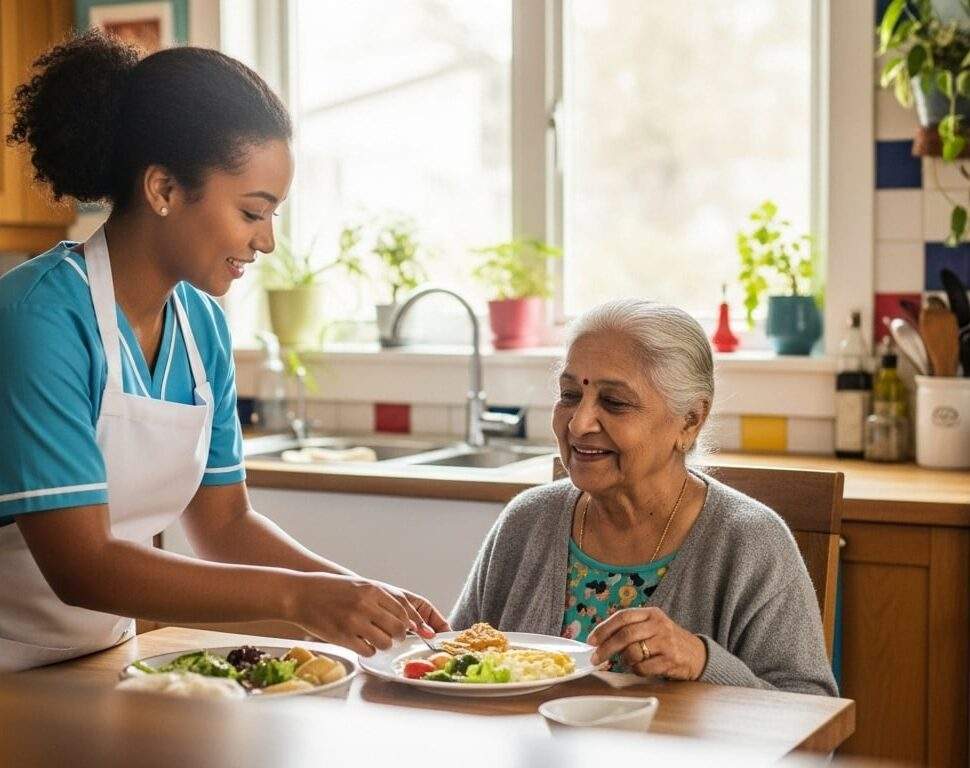 A warm, well-lit home in a Cambridge, MA home with A compassionate caregiver assisting with meals