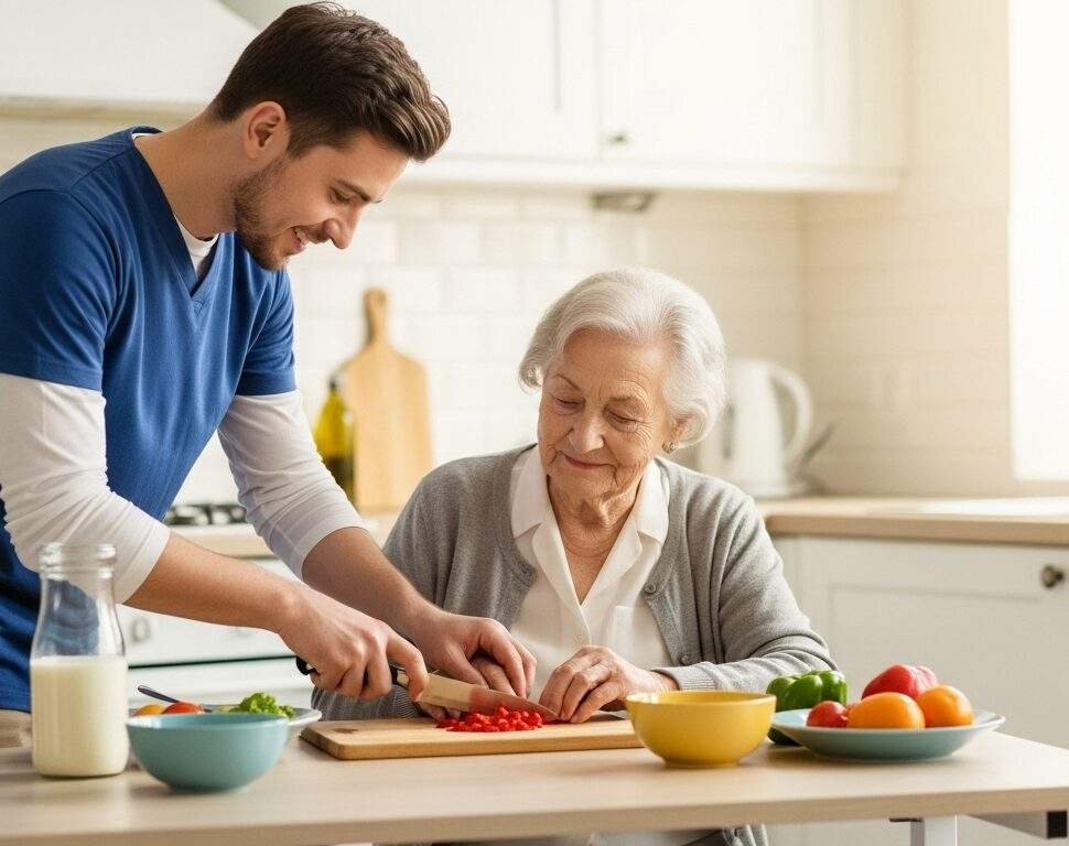Belmont MA caregiver assisting senior with meal prep