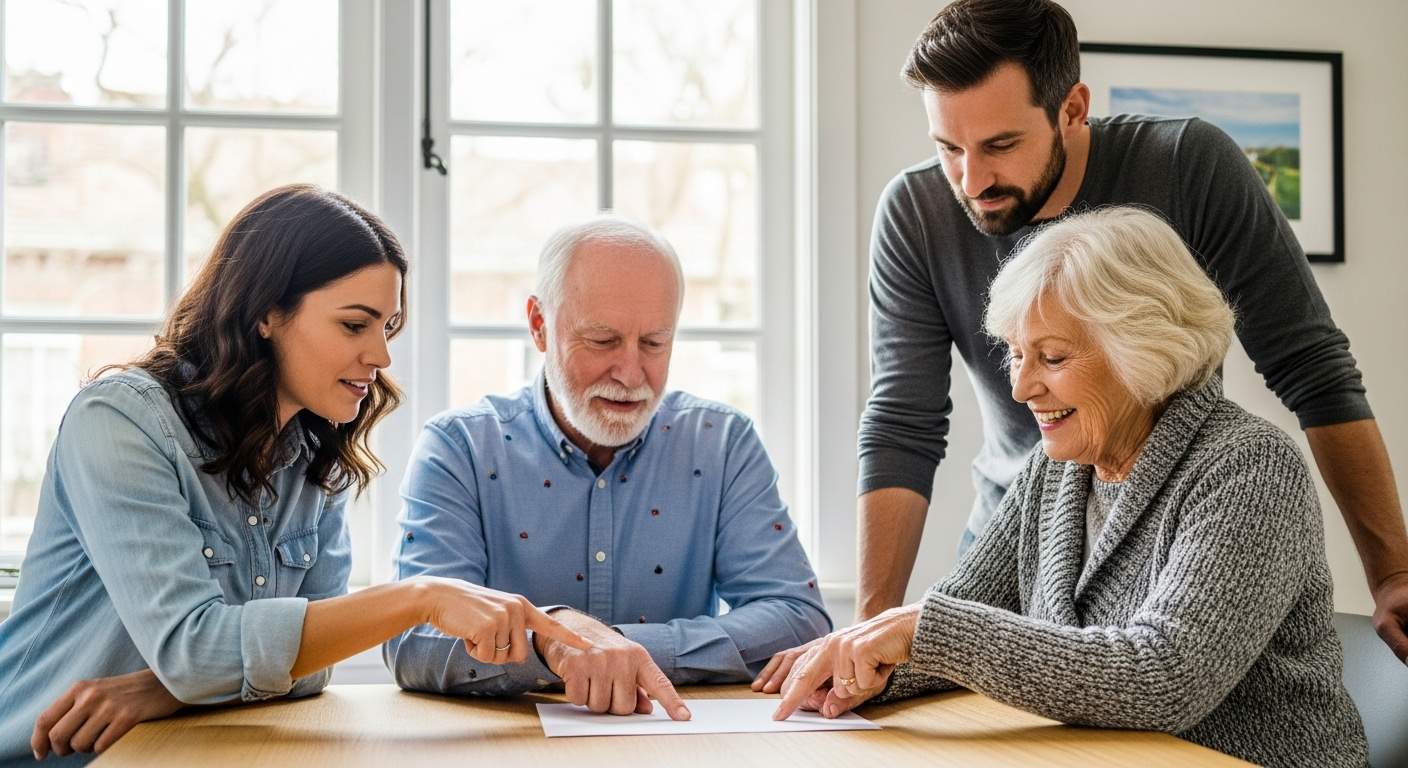adult children and aging parents reviewing a document