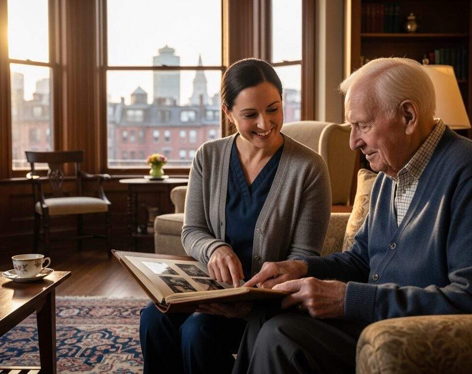 A warm, well-lit living room in a Boston home. A compassionate caregiver assists an elderly individual with a photo album, both smiling gently. Subtle Boston cityscape elements are visible through a window.