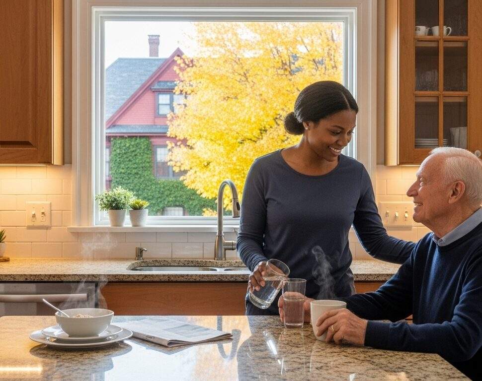 A warm, well-lit home in a brookline, MA home. A compassionate caregiver assists an elderly man with both smiling gently. Subtle brookline townscape elements are visible through a window.