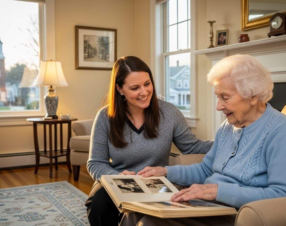caregiver and senior reading and looking at old photos