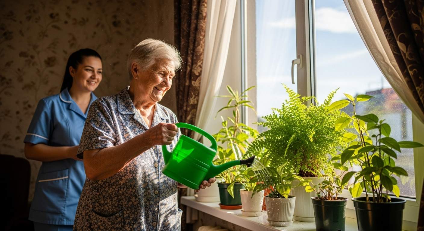 An elderly woman happily watering her plants in the sunny window of her own home, while a friendly caregiver stands supportively in the background.