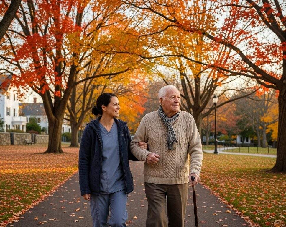 Senior man with walking cane accompanied by caring nurse during autumn walk through tree-lined neighborhood with colorful fall foliage