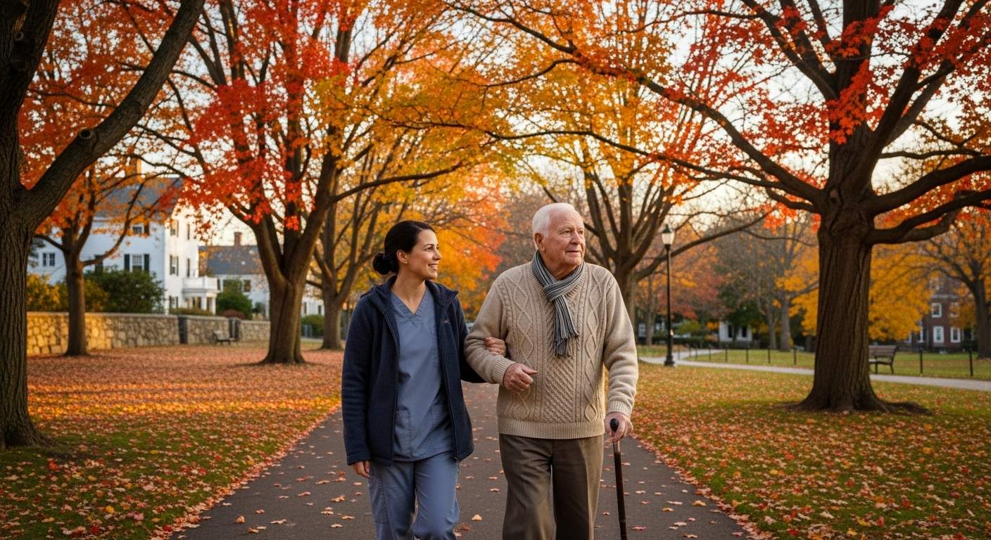 Senior man with walking cane accompanied by caring nurse during autumn walk through tree-lined neighborhood with colorful fall foliage