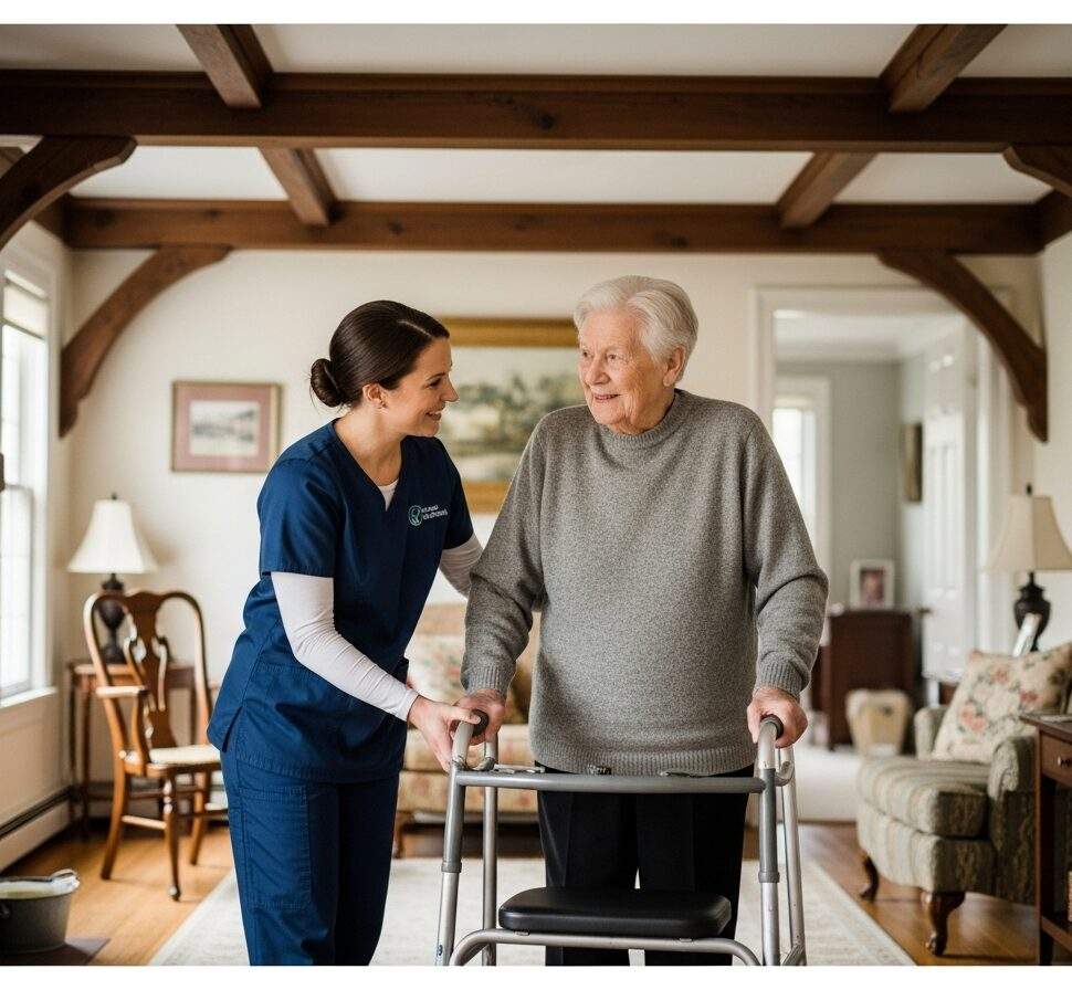 Senior woman using walker with caregiver assistance in elegant traditional home with exposed beams and fireplace, emphasizing dignity in care