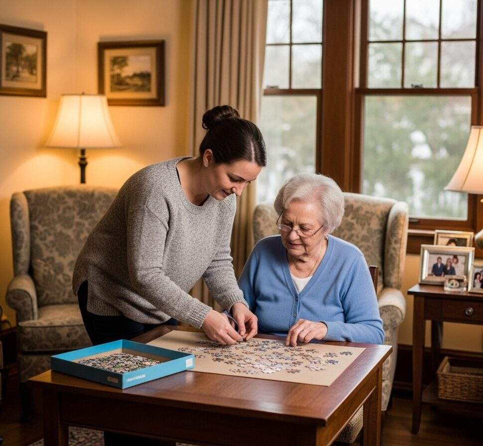 Elderly woman and caregiver working together on jigsaw puzzle at wooden table in elegant living room, demonstrating cognitive therapy and social engagement