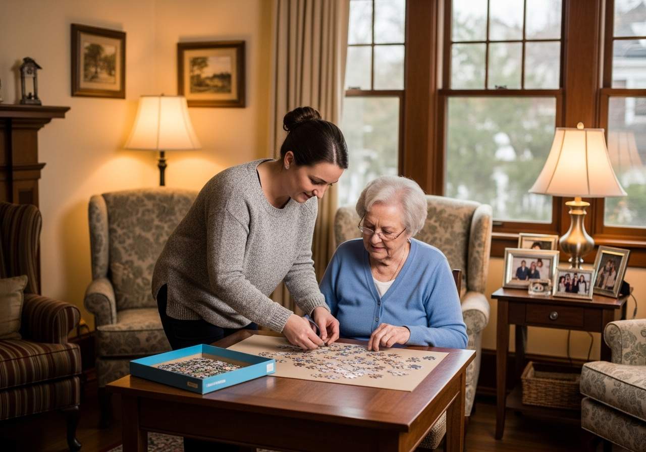 Elderly woman and caregiver working together on jigsaw puzzle at wooden table in elegant living room, demonstrating cognitive therapy and social engagement