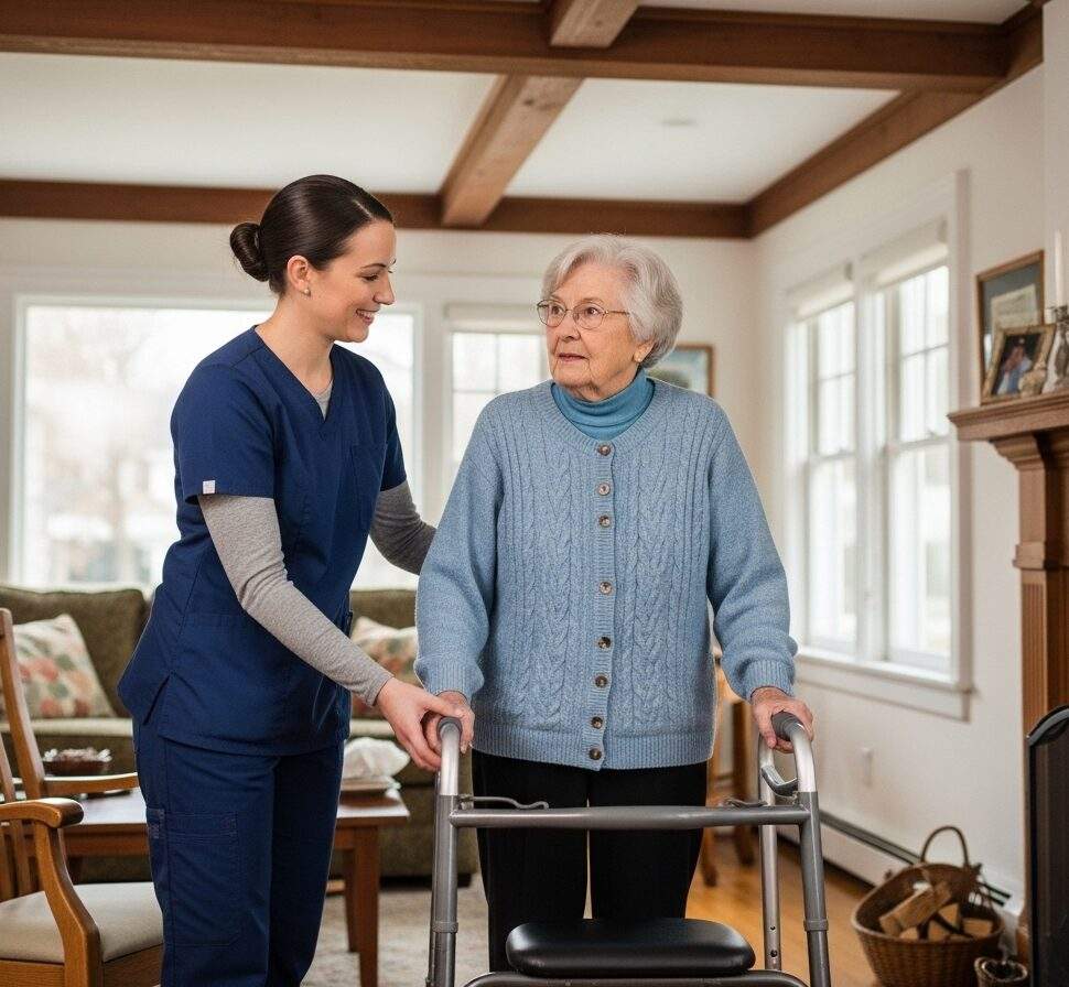 Senior woman using mobility walker with supportive caregiver in traditional home setting, promoting safe movement and independence