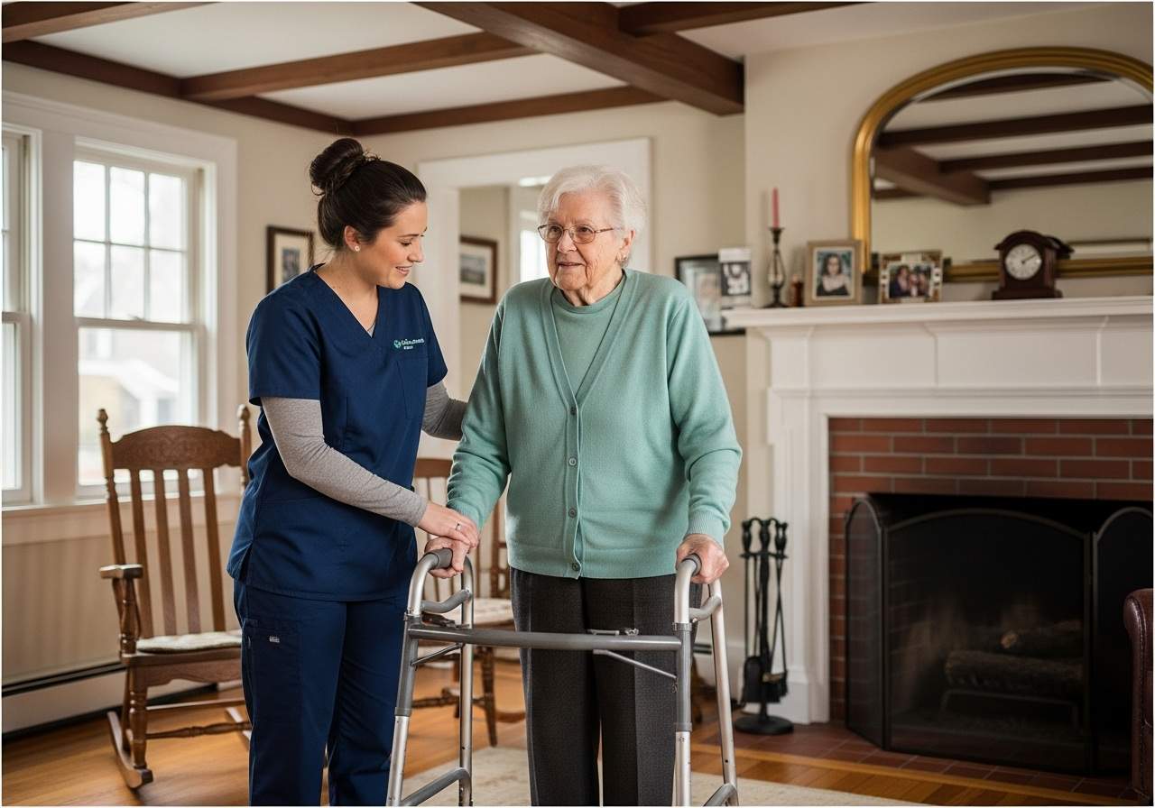 Senior woman using walker with healthcare provider support in elegant room with fireplace and exposed ceiling beams, combining comfort with professional care