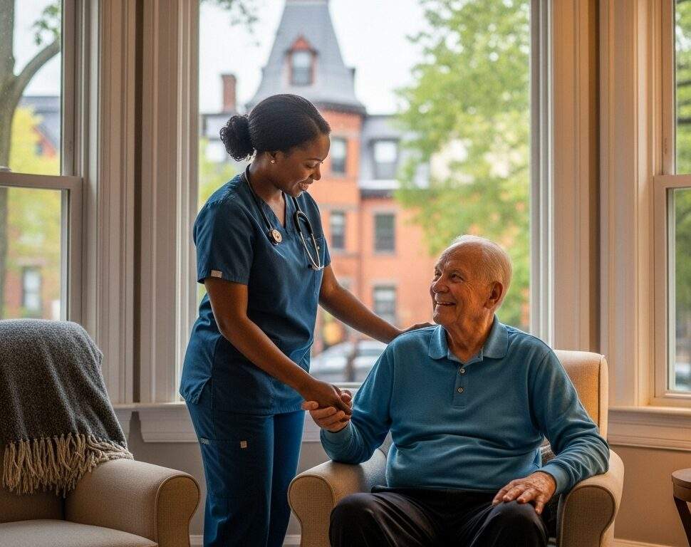 Professional healthcare nurse in blue scrubs providing compassionate care to elderly gentleman in comfortable home living room setting with warm lighting and family photos