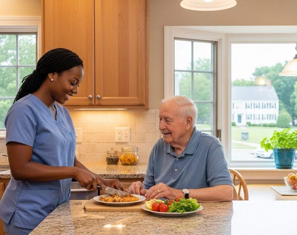 A warm, well-lit kitchen in a lexington, MA home. A compassionate caregiver assists an elderly man with both smiling gently. Subtle Lexington townscape elements are visible through a window.