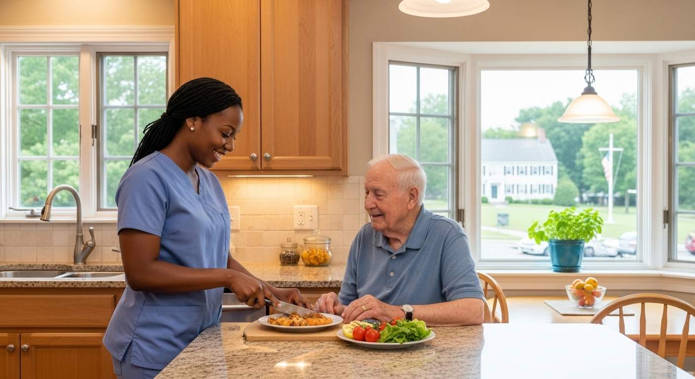 A warm, well-lit kitchen in a lexington, MA home. A compassionate caregiver assists an elderly man with both smiling gently. Subtle Lexington townscape elements are visible through a window.