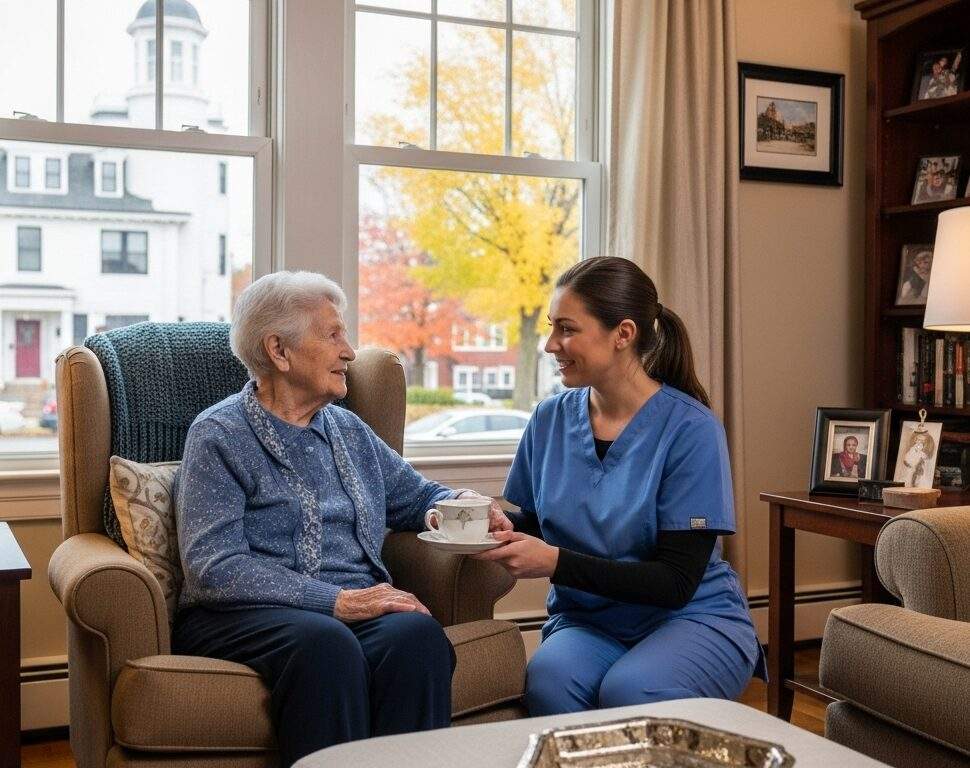 A warm, well-lit living room in a Melrose, MA home. A compassionate caregiver assists an elderly individual with both smiling gently. Subtle Melrose townscape elements are visible through a window.