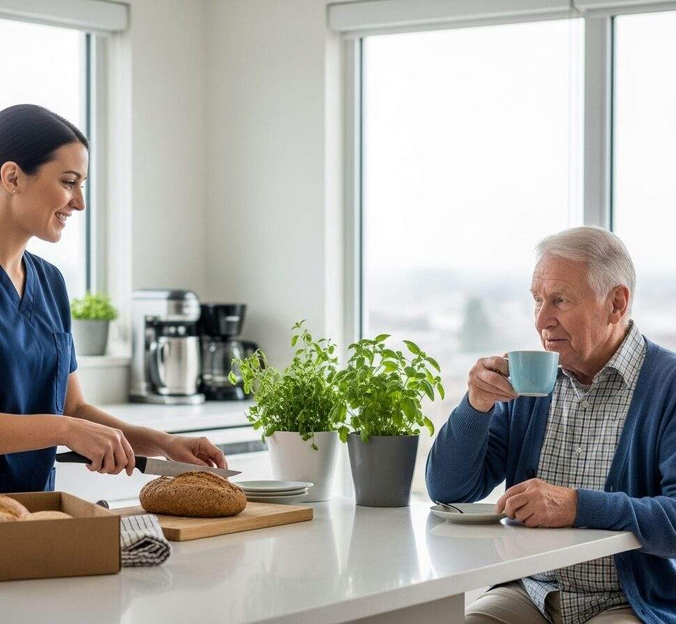 Healthcare nurse helping elderly gentleman prepare meal in modern kitchen with fresh bread and herbs, promoting nutrition and independence