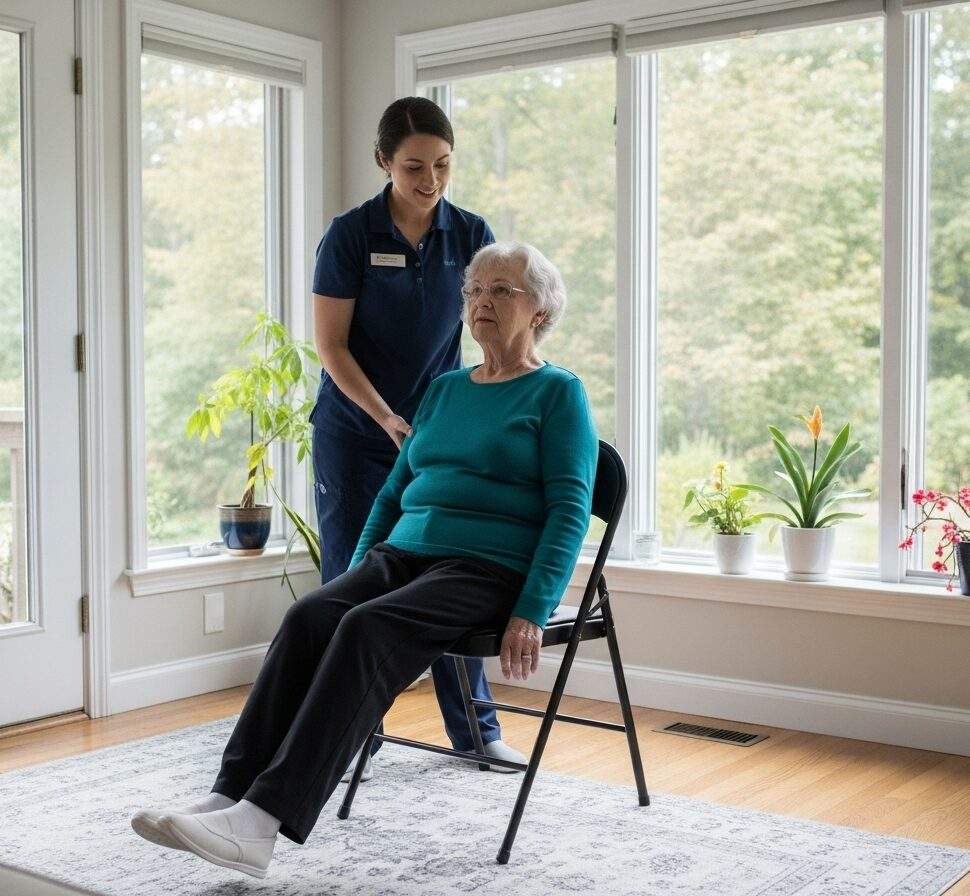 Healthcare provider guiding elderly woman through chair-based physical therapy exercises in bright sunroom with plants, promoting mobility and wellness