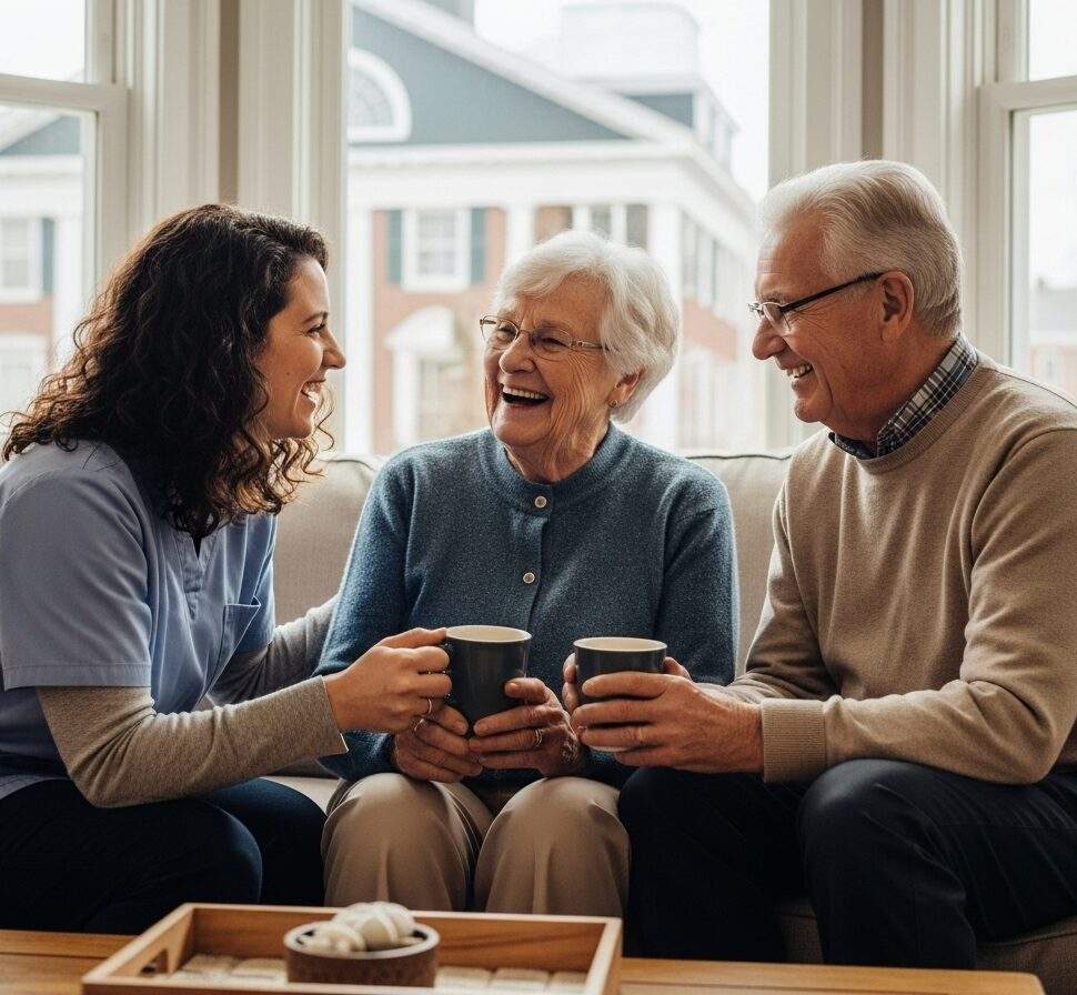 An elderly couple enjoys coffee and conversation with their caregiver in a comfortable living room setting, highlighting the social and companionship aspects of quality care.