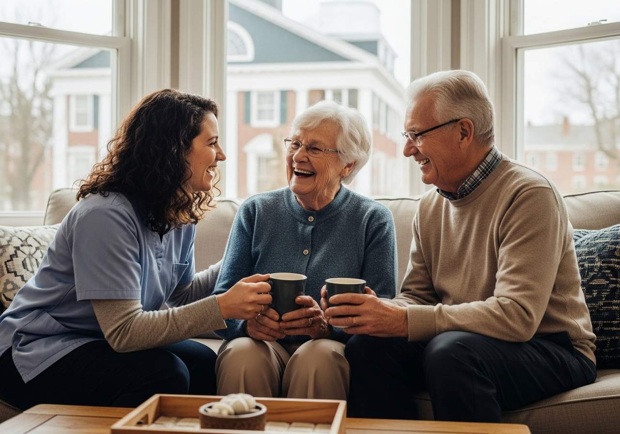 An elderly couple enjoys coffee and conversation with their caregiver in a comfortable living room setting, highlighting the social and companionship aspects of quality care.