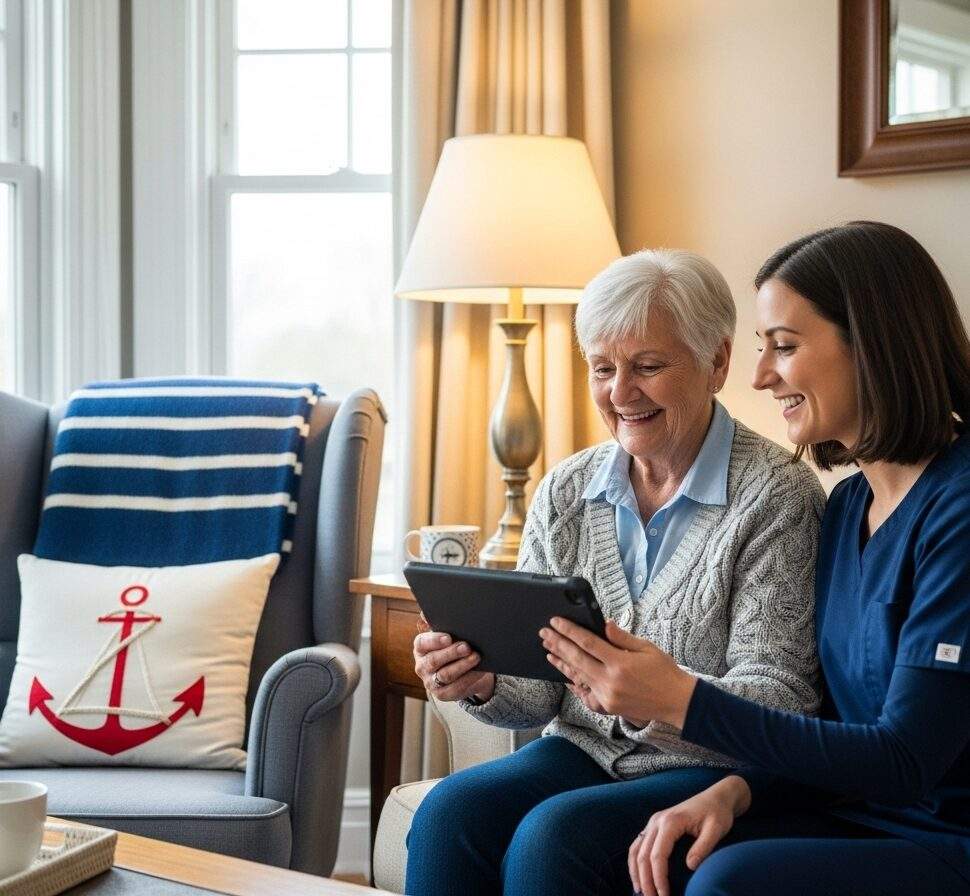 Elderly woman and caregiver looking at tablet device together on comfortable sofa, demonstrating technology training and digital literacy for seniors